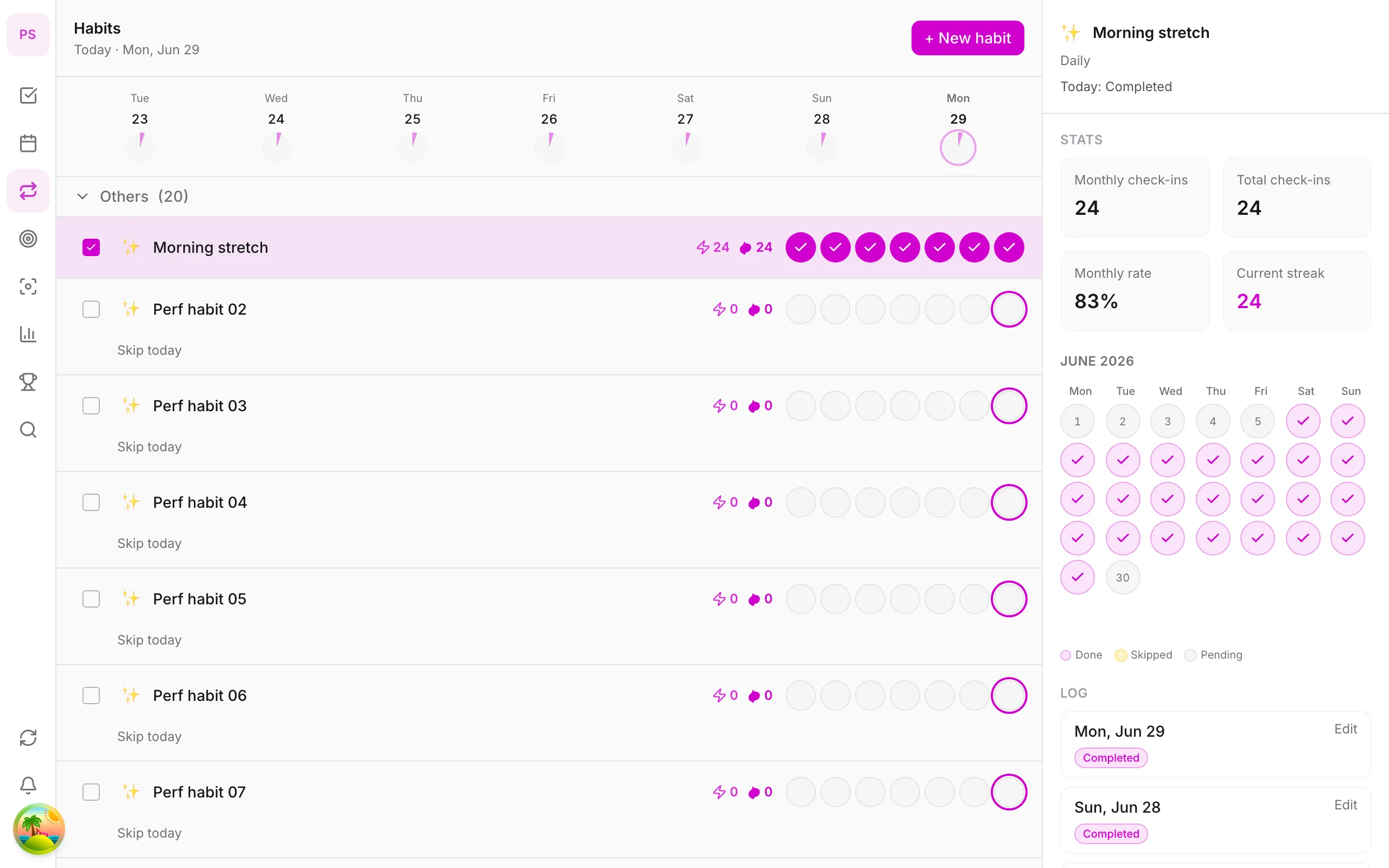 Minh họa module thói quen với check-in hàng ngày và heatmap streak