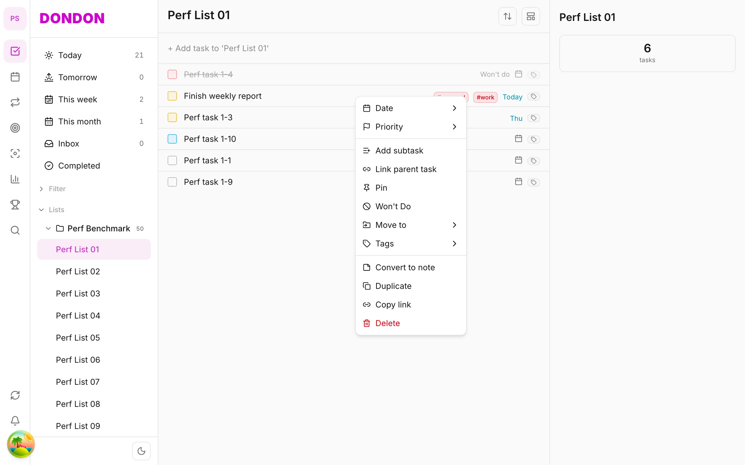 Danh sách task với menu chuột phải — Date, Priority, Tags và thao tác nhanh (nội dung tiếng Anh trong app)