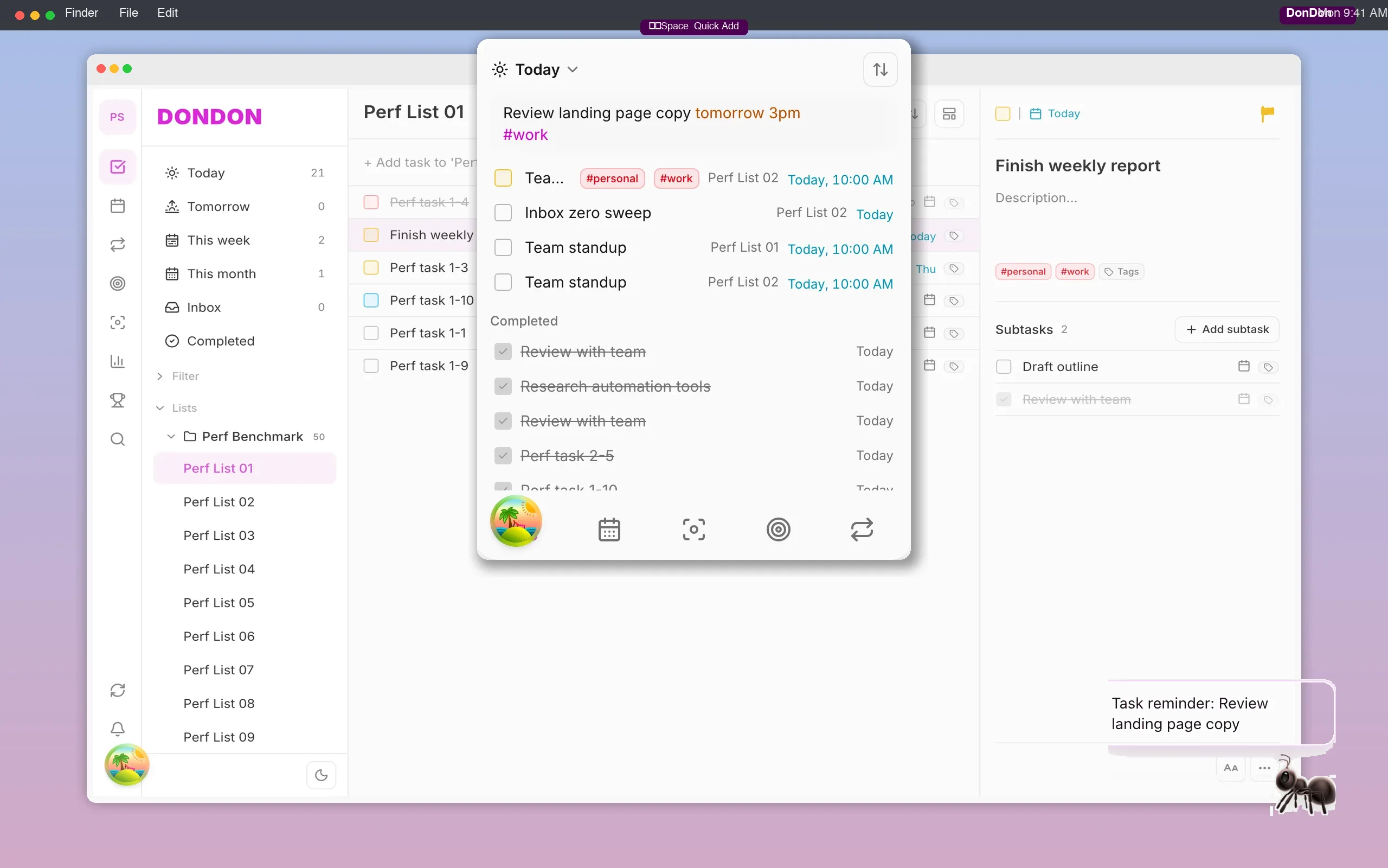DonDon trên desktop — app system tray, Quick Add popup ngôn ngữ tự nhiên và thú cưng nhắc nhở trên màn hình