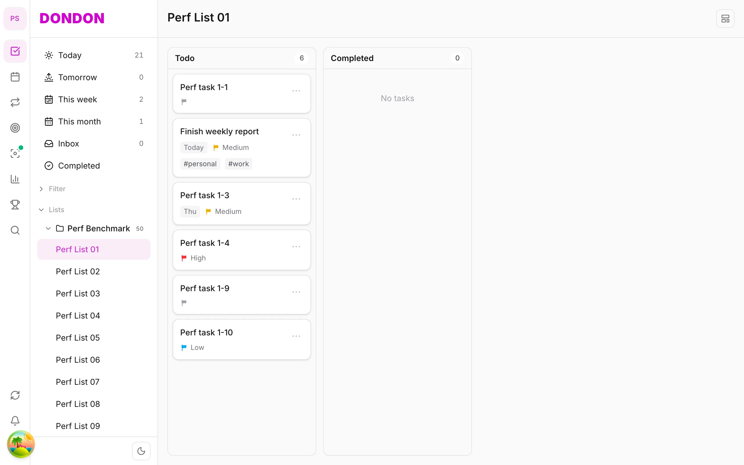 Giao diện web DonDon với sidebar, danh sách task và lịch